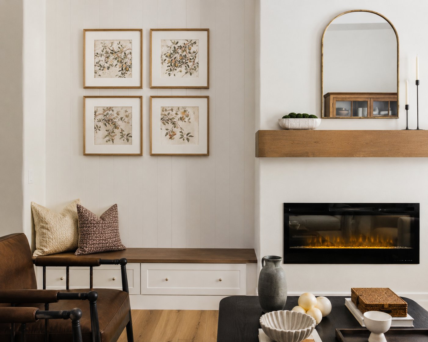 Fireplace with botanical gallery wall, Heirloom House